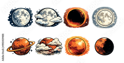 Artistic celestial bodies: moon, eclipse, saturn, sun in various phases