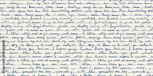 Handwritten unreadable text on ruled notebook paper vector seamless pattern, vintage handwriting note with lines and cursive text for backgrounds and overlays