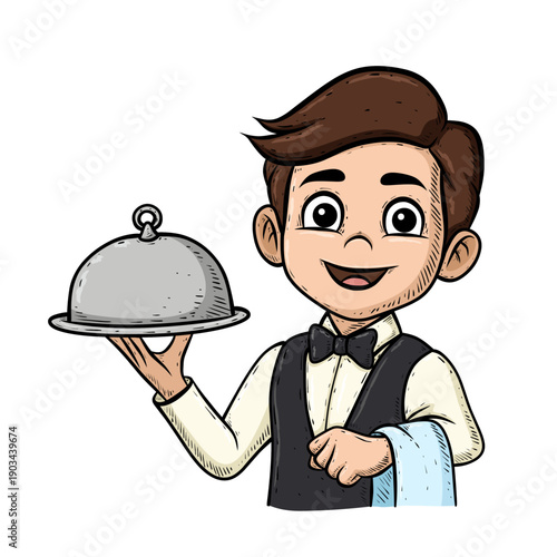 Waiter Holding Food Platter and Towel