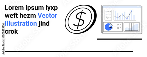 Dollar coin icon next to data charts displaying analytics and graphs. Ideal for finance, analytics, business strategy, economy, market research, report templates, simple landing page
