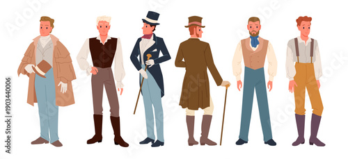 Group of Victorian era men in classic period clothing, showcasing diverse historical fashion styles and accessories, isolated on white background vector illustration