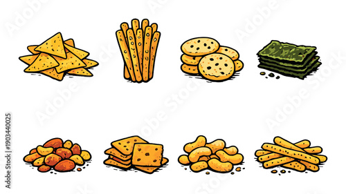 Assorted crunchy snacks: chips, pretzels, crackers, nuts, and more