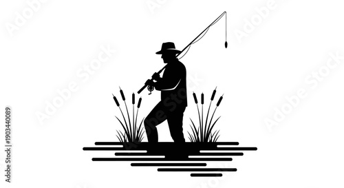 Silhouette of a fisherman with a rod standing in water with reeds, a vector illustration of fishing hobby.