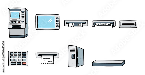 Retro technology icons: atm, crt tv, cassette, vhs, floppy disk, keypad, receipt printer, server, shelf
