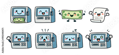 Cute atm machines with various expressions and money elements