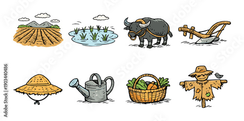 Farming icons set: field, rice, water buffalo, plow, straw hat, watering can, basket, scarecrow