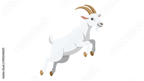 Dynamic cartoon white goat playfully leaping with expressive joy and spirited animation