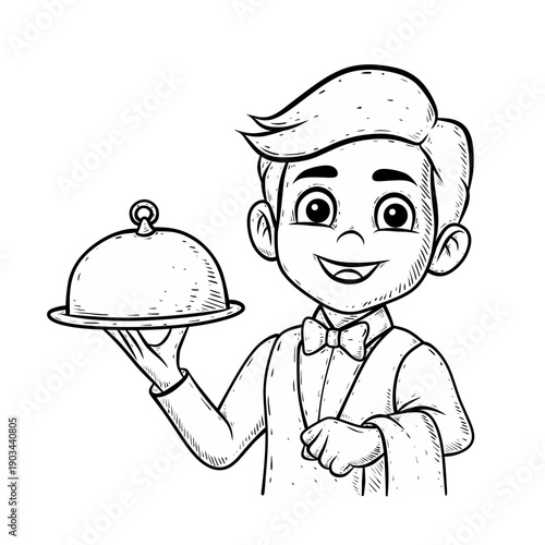 Sketch Waiter Holding Food Platter and Towel