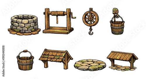 Rustic water well elements with stones and wooden structures