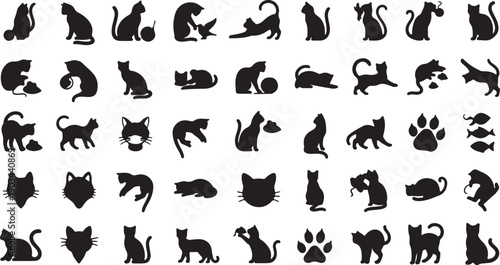 Black Cat Silhouette Illustration Set – Cute Cartoon Feline Vector Collection