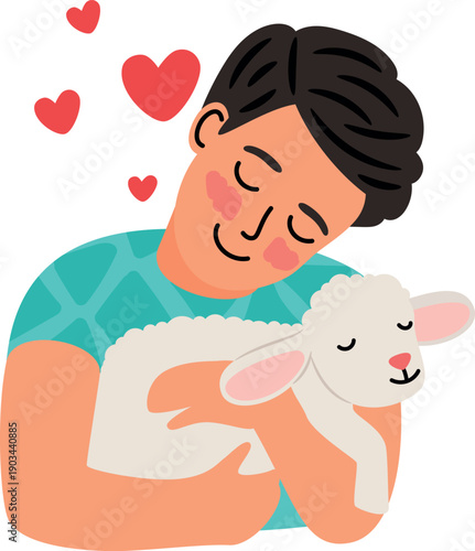 Boy hug lamb. Friend not food. Animal love