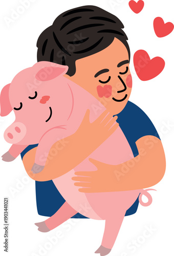 Kid hug baby pig. Go vegan illustration. Animal love