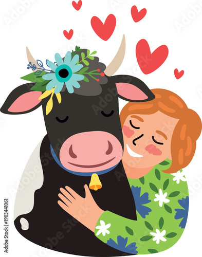 Happy cow with loving kid. Animal embrace drawing