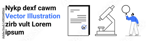 Microscope, document, and curious figure exploring science concepts. Ideal for research, innovation, education, discovery, science, laboratory and simple landing page