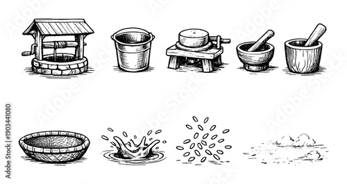 Vintage black and white drawings of old-fashioned water well and farm tools