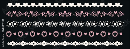 Lace heart border collection. Vector pink and white seamless trim with floral embroidery, crochet patterns, and decorative hearts, symbolizing Valentine wedding, and shabby chic divider.