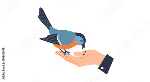 Hand feeding a bluebird with orange chest in a minimalist style  