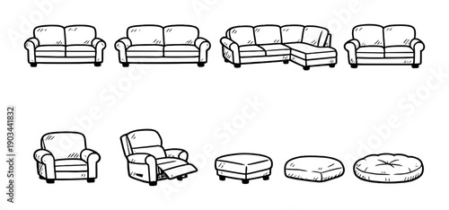 Hand-drawn sofa and chair collection: various couch and seating designs