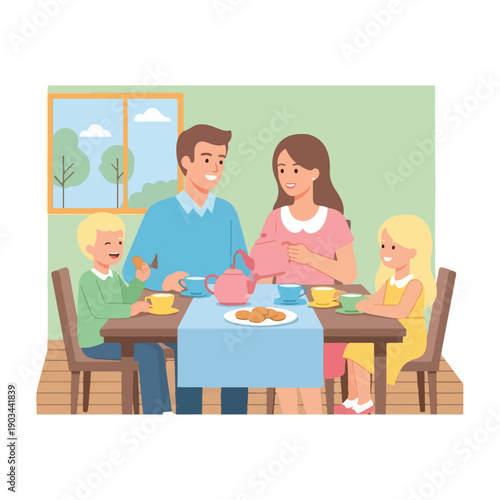 A family enjoys tea time at home, seated around a table