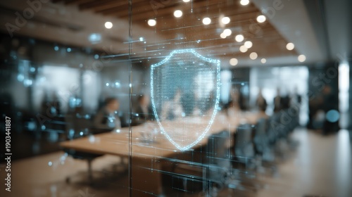 A futuristic conference room with a digital shield security and technology, emphasizing modern business dynamics, floating AI icon overlay background