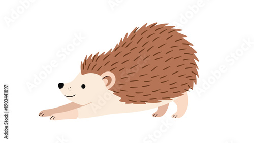 Adorable cartoon hedgehog stretching playfully on a clean white background