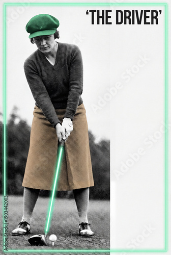 Vintage style woman golfer poses for a poster flyer with copy space