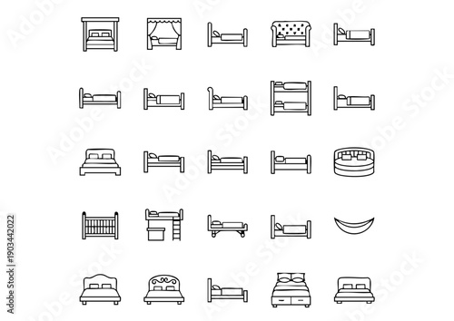 Ultimate Bedroom Furniture & Bedding Icon Set, Minimalist Sleep & Rest Vector Line Art, Comprehensive Interior Bed Styles Collection