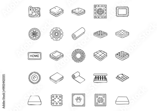 Modern Home Flooring and Bedding Icon Set, Minimalist Textile & Mattress Vector Collection, Comprehensive Rug, Carpet, and Sleep Surface Line Art