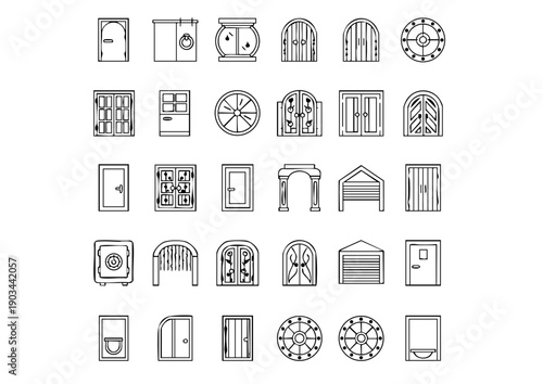 Ultimate Architectural Entrance Icon Set, Minimalist Vector Door & Portal Line Art, Comprehensive Black and White Doorway Collection