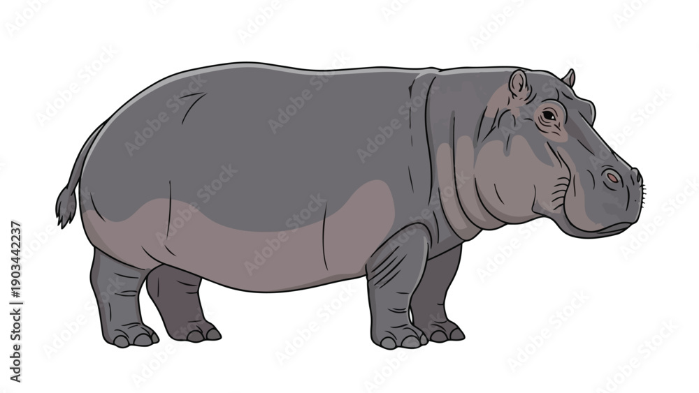 Fototapeta premium Digital illustration of a majestic hippopotamus in profile on a white background, perfect for educational use