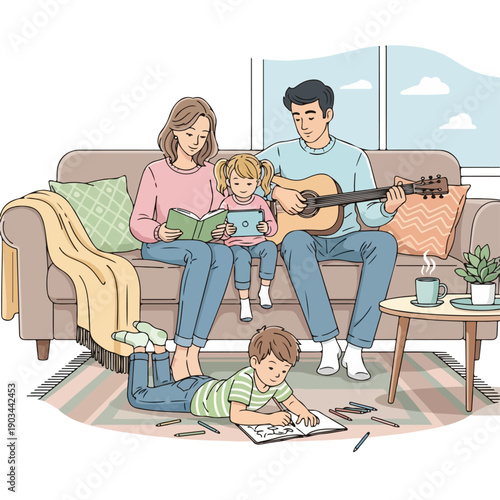 A family gathers on the couch, the father plays guitar, the boy draws