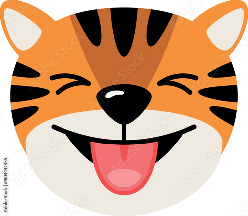 Squinting tiger face. Excited animal cartoon emoji
