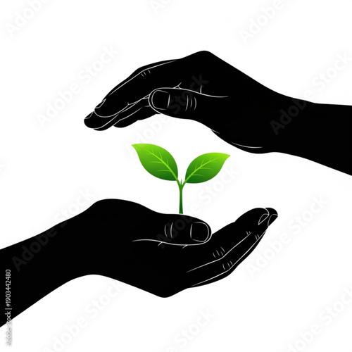 Hands cradling a small green sprout, nurturing new growth and life in a symbol of care and protection