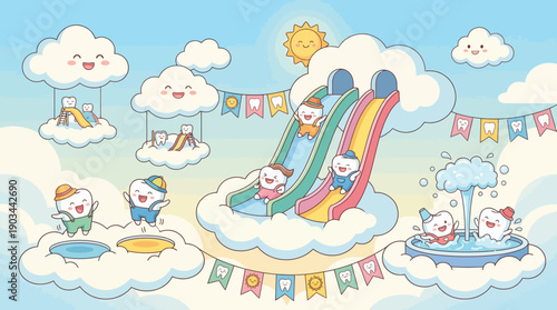 Whimsical cartoon illustration of children playing on cloud water slides.