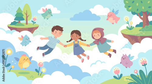 Three children holding hands and flying through a whimsical sky with clouds and floating islands.