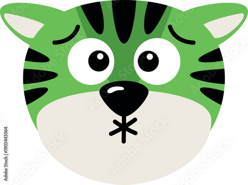 Nauseated tiger face. Green animal sick head