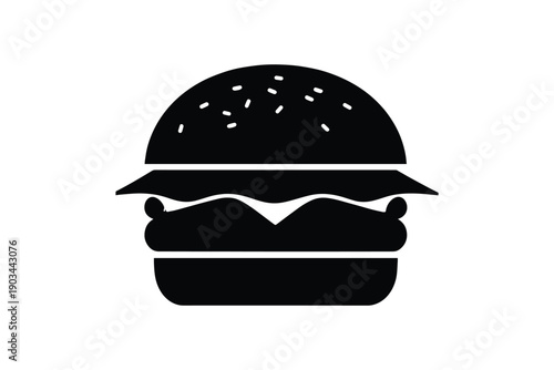 Classic hamburger with bun, patty, cheese, and lettuce, black silhouette on white background