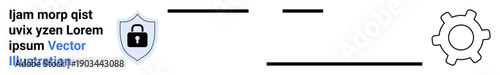 Cybersecurity, data protection, system optimization, online safety, privacy measures, technology operations. Shield with padlock next to gear symbol. Cybersecurity and data protection concept