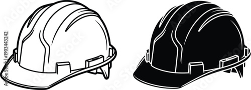 Construction safety helmet outline and solid silhouette isolated on white background, industrial hard hat protection equipment vector illustration set
