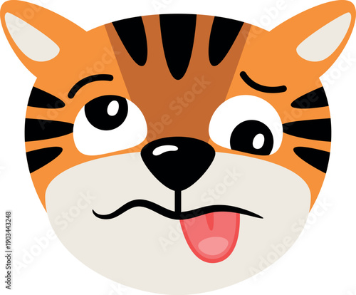 Woozy tiger face cartoon emoji. Funny expression head