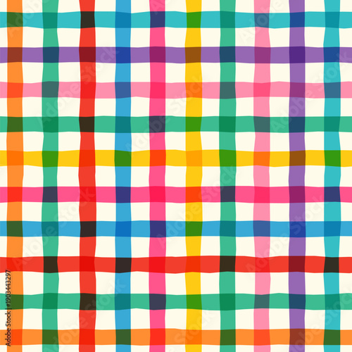 Vibrant colorful painted crossed stripes vector seamless pattern for summer backgrounds, Irregular grid design with thick lines