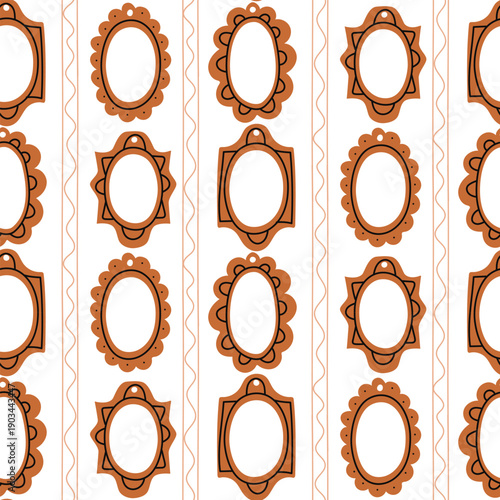 Seamless pattern with vintage brown decorative frames on a retro wallpaper background. Flat vector background for textile prints, wallpapers, home decor, or gallery exhibition projects.