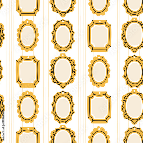 Seamless pattern with vintage gold decorative frames on a retro wallpaper background. Flat vector background for luxurious textile prints, wallpapers, home decor, or gallery exhibition projects.