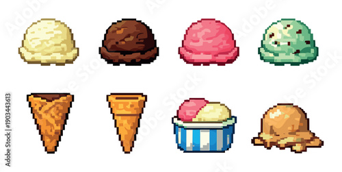 Pixel art ice cream selection: cones, scoops, and sundaes in various flavors