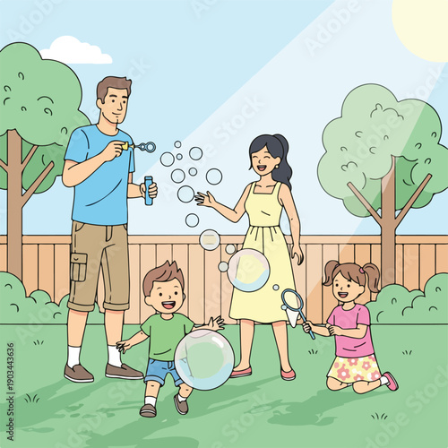 A family plays outdoors, blowing and chasing soap bubbles in a sunny garden