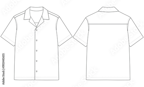 Short Sleeve Camp Collar Shirt Front and Back Technical Vector Illustration
