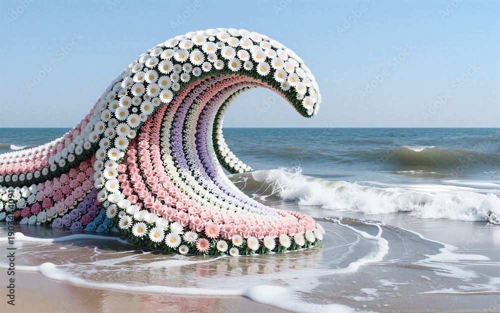Obraz premium Floral wave of daisies and roses curls on sandy shore, blending natures beauty with surreal artistry.