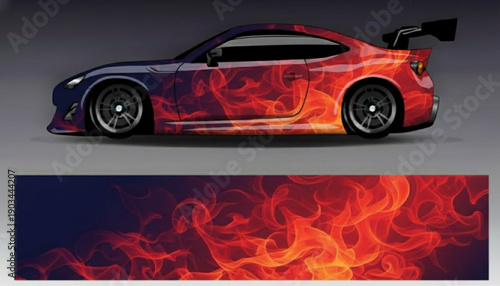 A sports car with a fiery flame decal, transitioning from dark blue to vibrant orange and red.