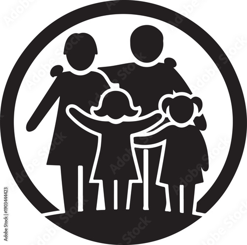 A black and white illustration of a family with two adults and three children isolated on white background, illustration