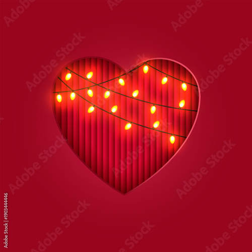 Happy Valentine's Day! A paper heart cut out of paper on a red gradient background, done in a paper appliqu style. Decorated with a garland of lights. Vector illustration.